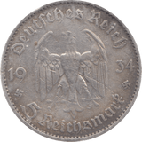1934 GERMANY SILVER 5 MARKS - SILVER WORLD COINS - Cambridgeshire Coins