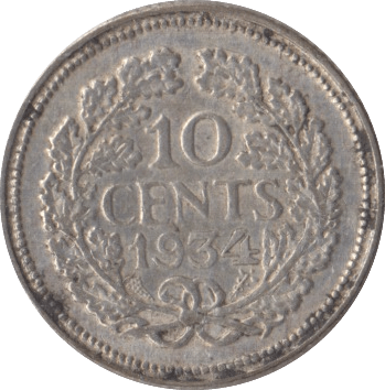 1934 SILVER 10 CENTS NETHERLANDS - SILVER WORLD COINS - Cambridgeshire Coins