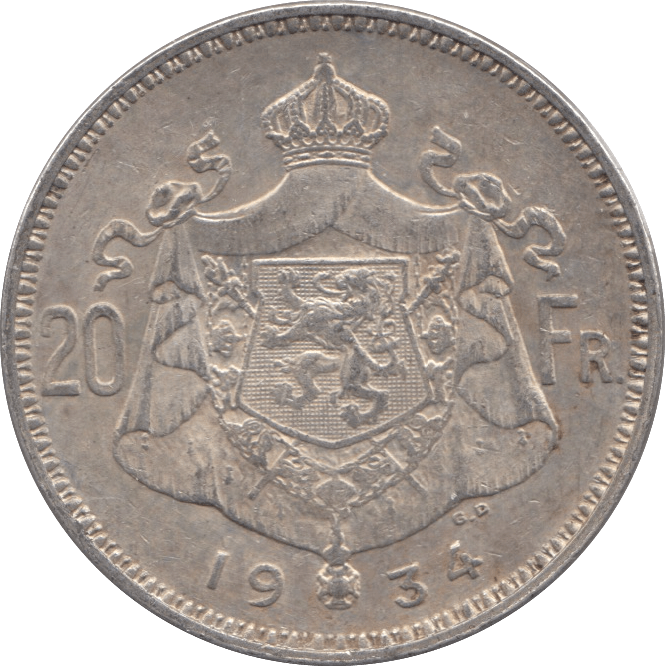1934 SILVER BELGIUM 20 FRANCS - SILVER WORLD COINS - Cambridgeshire Coins