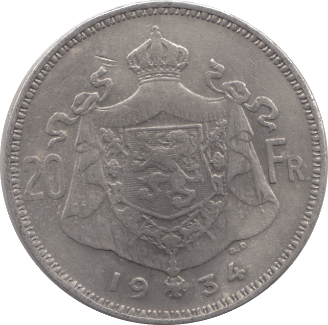 1934 SILVER BELGIUM 20 FRANCS - SILVER WORLD COINS - Cambridgeshire Coins