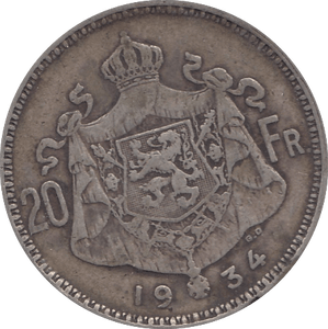 1934 SILVER BELGIUM 20 FRANCS - SILVER WORLD COINS - Cambridgeshire Coins