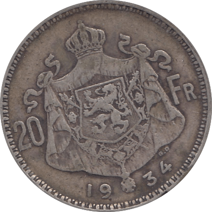 1934 SILVER BELGIUM 20 FRANCS - SILVER WORLD COINS - Cambridgeshire Coins