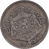 1934 SILVER BELGIUM 20 FRANCS - SILVER WORLD COINS - Cambridgeshire Coins