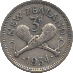 1934 THREE PENCE NEW ZEALAND SILVER - SILVER WORLD COINS - Cambridgeshire Coins
