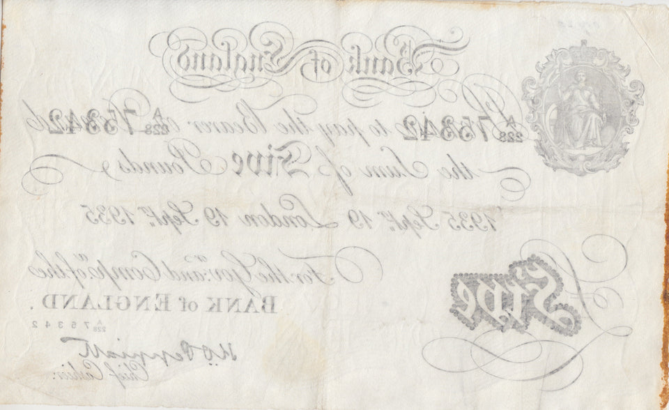 1935 SEPTEMBER 19TH BANK OF ENGLAND WHITE BANKNOTE PEPPIATT W£5-5 - £5 BANKNOTES WHITE - Cambridgeshire Coins