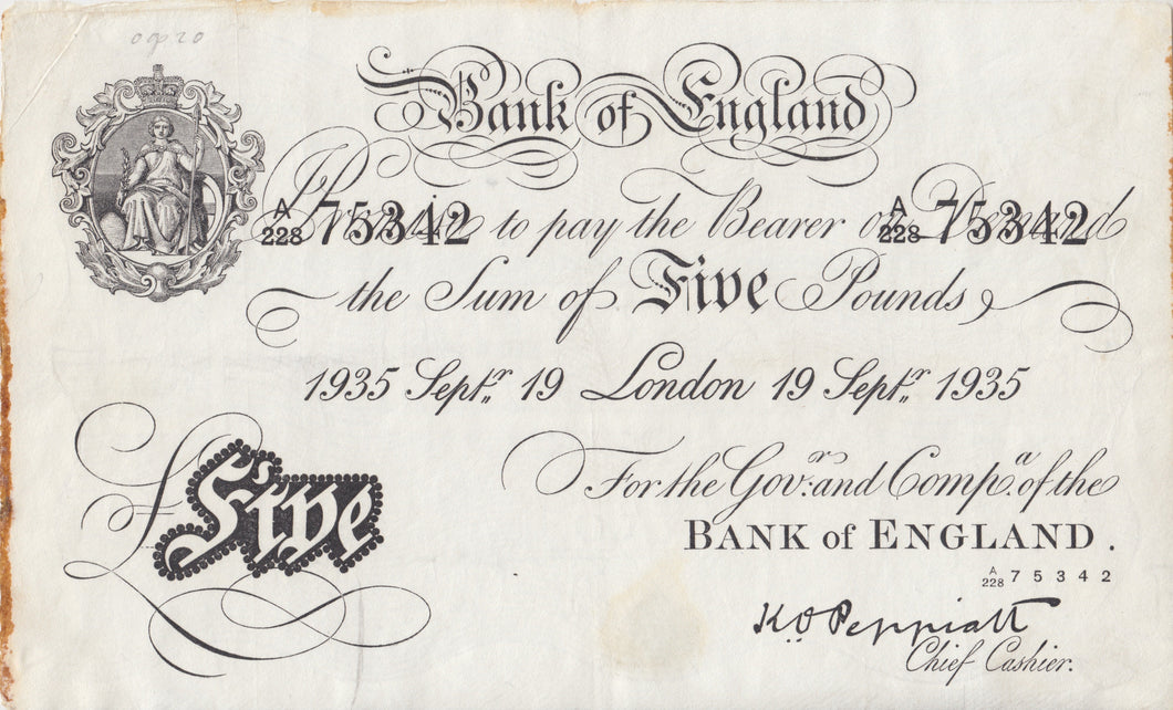 1935 SEPTEMBER 19TH BANK OF ENGLAND WHITE BANKNOTE PEPPIATT W£5-5 - £5 BANKNOTES WHITE - Cambridgeshire Coins