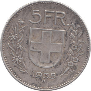 1935 SILVER 5 FRANCS SWITZERLAND - WORLD COINS - Cambridgeshire Coins