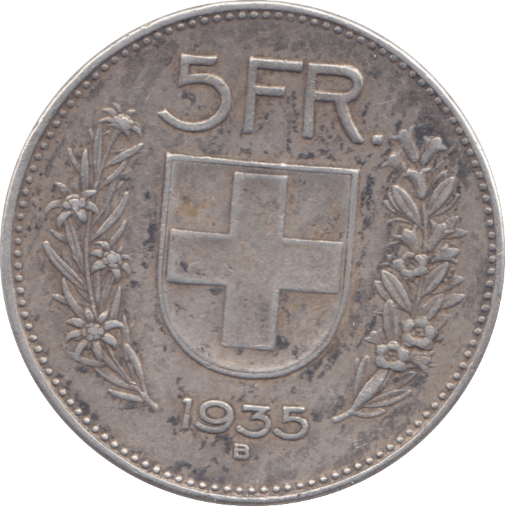 1935 SILVER 5 FRANCS SWITZERLAND - WORLD COINS - Cambridgeshire Coins