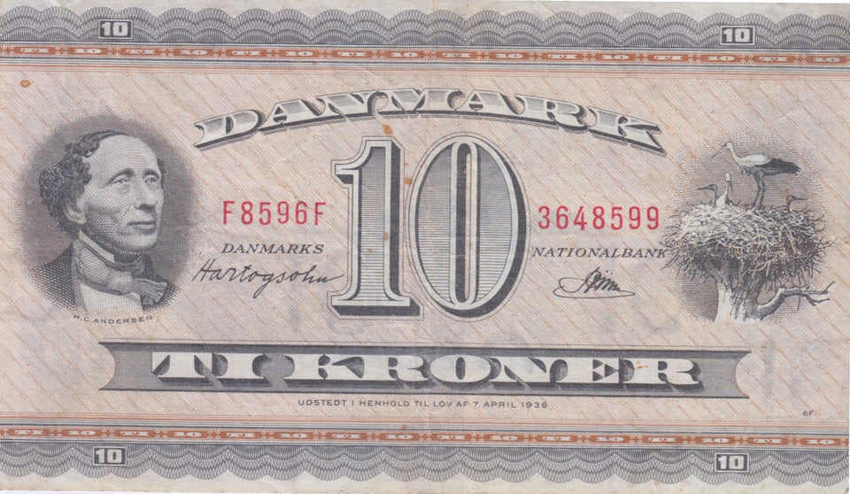 1936 10 KORONA BANKNOTE DENMARK REF 1464 - World Banknotes - Cambridgeshire Coins
