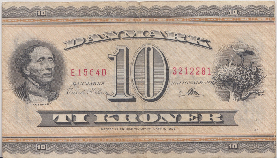 1936 10 KRONER BANKNOTE DENMARK REF. 1408 - World Banknotes - Cambridgeshire Coins