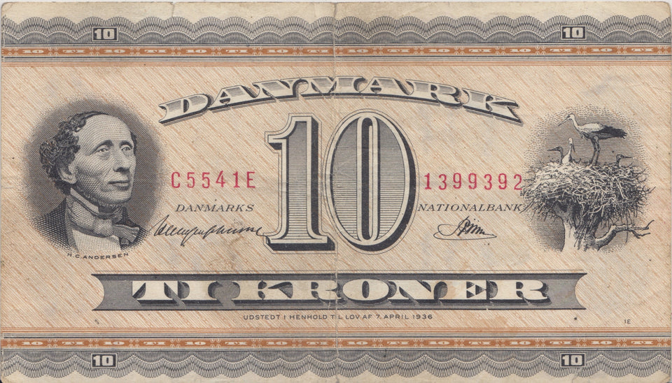 1936 10 KRONER BANKNOTE DENMARK REF. 1409 - World Banknotes - Cambridgeshire Coins