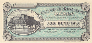 1936 DOS PESETAS DENIA BANKNOTE REF 1361 - World Banknotes - Cambridgeshire Coins