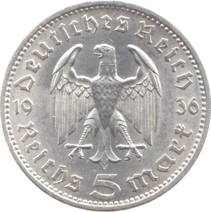 1936 GERMANY SILVER 5 MARK - SILVER WORLD COINS - Cambridgeshire Coins