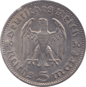 1936 GERMANY SILVER 5 MARKS - SILVER WORLD COINS - Cambridgeshire Coins