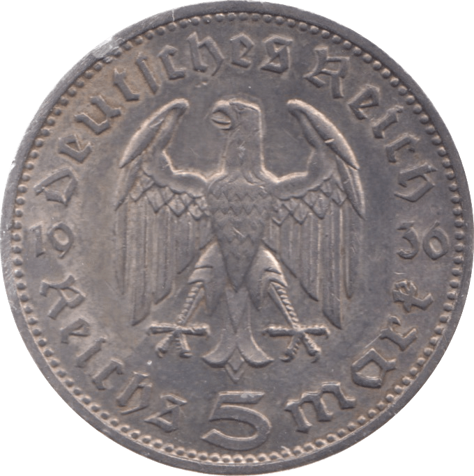 1936 GERMANY SILVER 5 MARKS - SILVER WORLD COINS - Cambridgeshire Coins