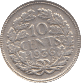 1936 SILVER 10 CENTS NETHERLANDS - WORLD SILVER COINS - Cambridgeshire Coins
