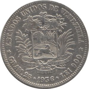 1936 SILVER 5 BOLIVIANS VENEZUELA - SILVER WORLD COINS - Cambridgeshire Coins