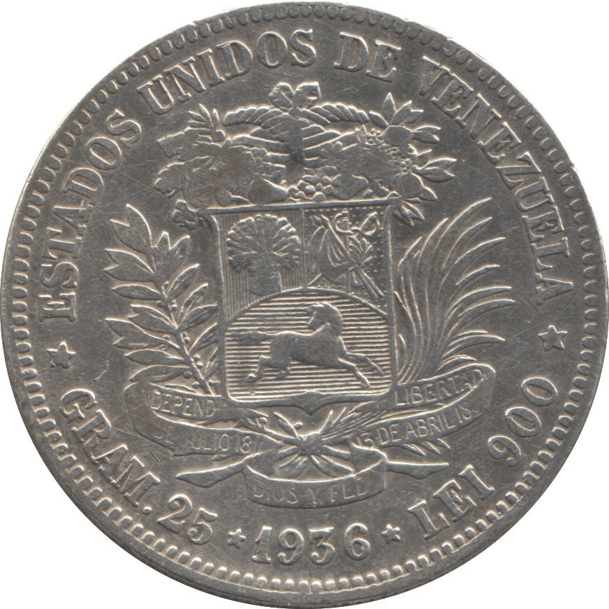 1936 SILVER 5 BOLIVIANS VENEZUELA - SILVER WORLD COINS - Cambridgeshire Coins