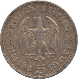 1936 SILVER 5 MARKS GERMANY - WORLD SILVER COINS - Cambridgeshire Coins
