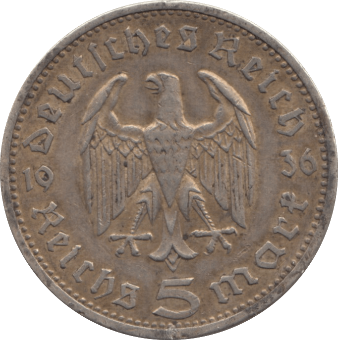1936 SILVER 5 MARKS GERMANY - WORLD SILVER COINS - Cambridgeshire Coins