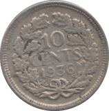 1936 SILVER NETHERLANDS 10 CENTS - SILVER WORLD COINS - Cambridgeshire Coins