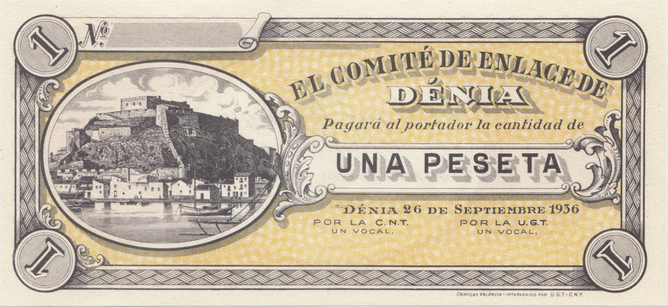 1936 UNA PESETAS DENIA BANKNOTE REF 1362 - World Banknotes - Cambridgeshire Coins