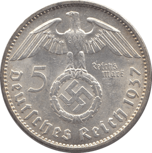 1937 SILVER 5 MARK MINT MARK A NAZI STATE GERMANY ( UNC ) - SILVER WORLD COINS - Cambridgeshire Coins