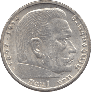 1937 SILVER 5 MARK MINT MARK A NAZI STATE GERMANY ( UNC ) - SILVER WORLD COINS - Cambridgeshire Coins
