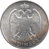 1938 20 DINARA YUGOSLAVIA SILVER (UNC) - SILVER WORLD COINS - Cambridgeshire Coins