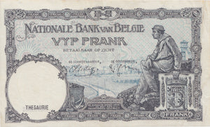 1938 5 FRANCS BANKNOTE BELGIUM REF 580 - World Banknotes - Cambridgeshire Coins