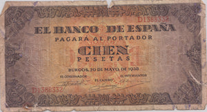 1938 Cien pesetas banknote D1388332 REF 181 - World Banknotes - Cambridgeshire Coins