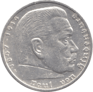 1938 GERMANY SILVER 5 REICH MARK - WORLD SILVER COINS - Cambridgeshire Coins
