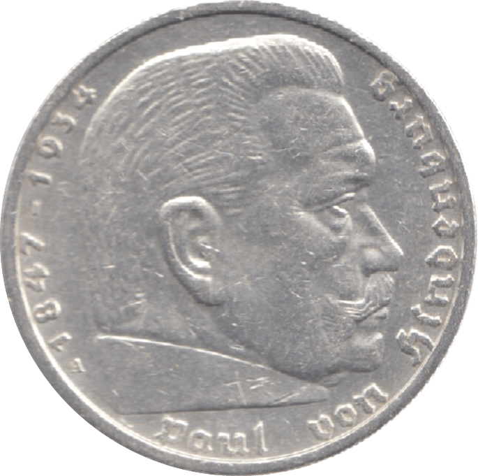 1938 GERMANY SILVER 5 REICH MARK - WORLD SILVER COINS - Cambridgeshire Coins