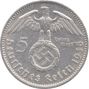 1938 GERMANY SILVER 5 REICH MARK - WORLD SILVER COINS - Cambridgeshire Coins