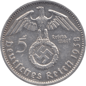 1938 GERMANY SILVER 5 REICH MARK - WORLD SILVER COINS - Cambridgeshire Coins
