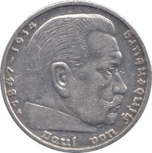 1938 GERMANY SILVER 5 REICH MARK - WORLD SILVER COINS - Cambridgeshire Coins