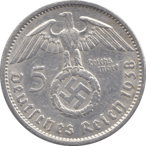 1938 GERMANY SILVER 5 REICHSMARK - WORLD SILVER COINS - Cambridgeshire Coins