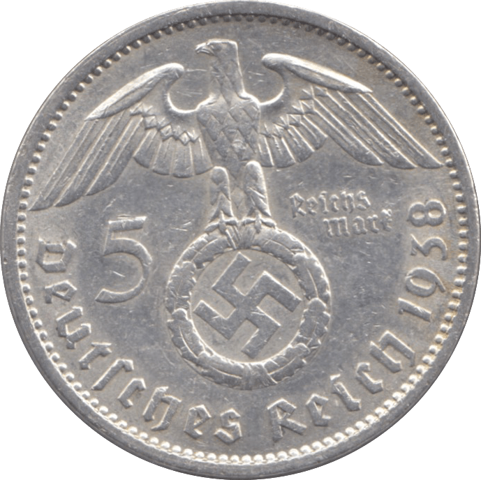1938 GERMANY SILVER 5 REICHSMARK - WORLD SILVER COINS - Cambridgeshire Coins