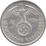 1938 GERMANY SILVER 5 REICHSMARK - WORLD SILVER COINS - Cambridgeshire Coins