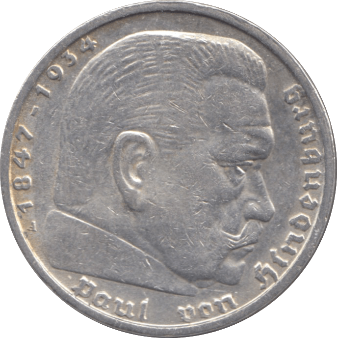 1938 GERMANY SILVER 5 REICHSMARK - WORLD SILVER COINS - Cambridgeshire Coins
