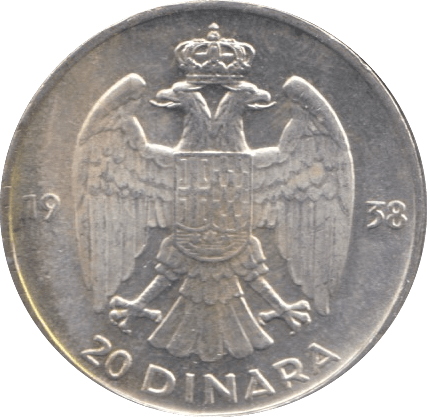 1938 SILVER 20 DINARA YUGOSLAVIA - SILVER WORLD COINS - Cambridgeshire Coins