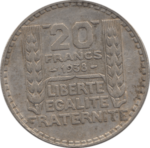 1938 SILVER 20 FRANCS FRANCE - SILVER WORLD COINS - Cambridgeshire Coins