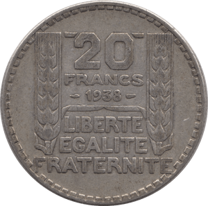 1938 SILVER 20 FRANCS FRANCE - SILVER WORLD COINS - Cambridgeshire Coins
