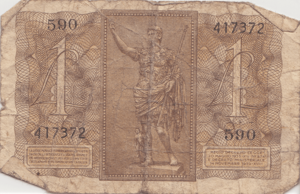 1939 1 LIRA REGNO D'ITALIA ITALIAN BANKNOTE REF 175 - World Banknotes - Cambridgeshire Coins