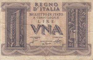 1939 1 LIRA REGNO D'ITALIA ITALIAN BANKNOTE REF 191 - World Banknotes - Cambridgeshire Coins