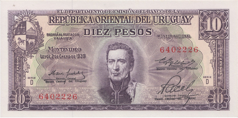1939 10 PESO BANKNOTE URUGUAY REF 995 - World Banknotes - Cambridgeshire Coins