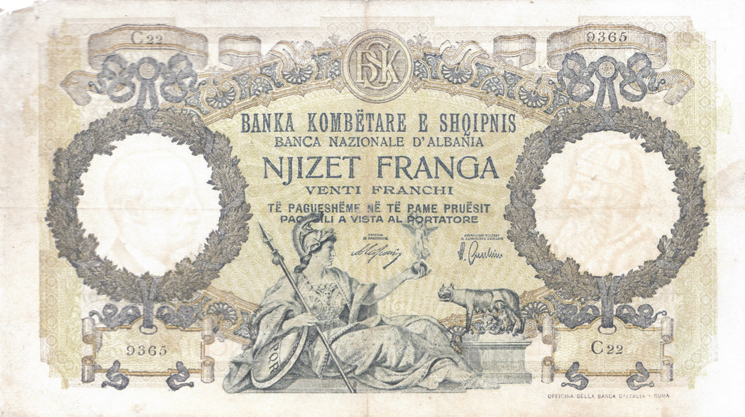 1939 20 FRANGA BANKNOTE ALBANIA REF 502 - World Banknotes - Cambridgeshire Coins
