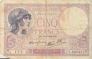 1939 BANK OF FRANCE 5 FRANCS BANKNOTE REF 1274 - World Banknotes - Cambridgeshire Coins