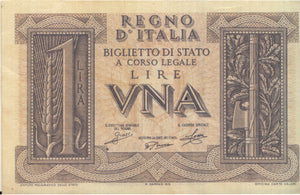 1939 BANK OF ITALY ONE LIRE BANKNOTE REF 1263 - World Banknotes - Cambridgeshire Coins