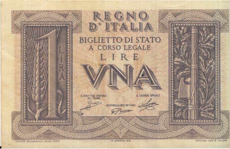 1939 BANK OF ITALY ONE LIRE BANKNOTE REF 1263 - World Banknotes - Cambridgeshire Coins